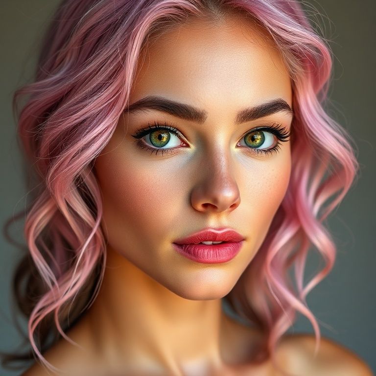 Virgin Woman in her 20s, face and body, anatomy: Natural, natural, attractive, makeup-free beauty. Natural facial structure, very realistic anatomical skin texture. Highly detailed facial structure with deeply detailed skin pores and wavy pink hair. Precise, deep forehead lines and sharp details. Eyes with yellow irises. Highly detailed, micro-focused eyelashes. Highly detailed, micro-focused, ultra-detailed black eyebrows. Small, focused nose. Woman in her 20s, face and body, anatomy: Natural, natural, attractive, no-makeup beauty. Natural facial structure, very realistic anatomical skin texture. Highly detailed facial structure with deeply detailed skin pores and wavy black hair. Precise, deep forehead lines and sharp details. Eyes with black irises. Highly detailed, micro-focused eyelashes. Highly detailed, micro-focused, ultra-detailed black eyebrows. Small, focused nose. Highly detailed, natural cheekbones. Small, defined mouth. Detailed lip curves. Highly detailed, focused pink pastel wet lips. Small oval chin. Beautifully detailed facial features. Anatomically defined facial line detail. Micro-detailed facial hair. Ultra-detailed earrings. Micro-detailed aging pore structure. Genetic anatomical synchronous aging of the body. Micro-detailed shooting. Genetic realism. No pictures filter. 128K Ultra hyper multi HD pixel