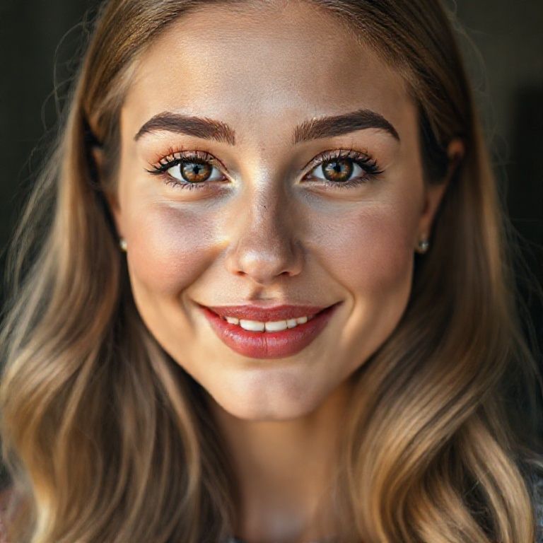 The profile of a Turkish woman in her twenties includes a sweet, sympathetic ultra detailed smile, sharp facial features, long, wavy, glossy dark blonde hair, detailed brown eyes with moist irises, prominent, focused eyelashes, thick eyebrows, a pointed nose, dimpled cheeks, strikingly defined, pastel red, curved lips, remarkably realistic details of facial aging, anatomically realistic aging lines on the forehead, cheeks and chin, small, detailed earrings, and a cinematic, vibrant pose in high-quality, full-frame frontal shots that highlight all the details, like a ultra realistic professional model.
