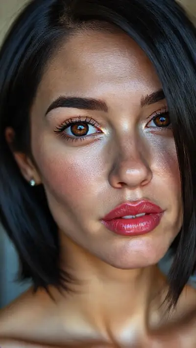 Black hair, short bob cut, shiny, thick hair, highly detailed thick black eyebrows, brown eyes with wet irises, highly detailed eyelashes, small nose, piercing in left nostril, glossy lips with very detailed pink lipstick, lightly tanned fair skin, small shiny earrings in her ear, prominent cheekbones and aging lines on her cheeks, around her eyes, and on her forehead. A 42-year-old Caucasian female, photographed with ultra-realistic anatomical and genetic aging details, cinematically, without any filters.