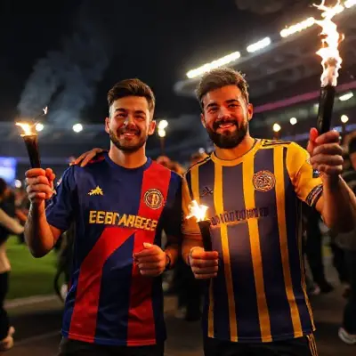 A male fan wearing a Fenerbahçe jersey and a male fan wearing a Galatasaray jersey hold torches and have fun outside the stadium. 8K