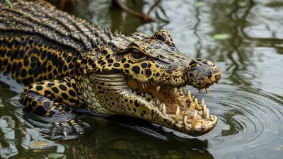 Physically resembling a crocodile but with cheetah-like coloring and a bizarre appearance, this creature is a unique being; in documentary-quality footage, it looks almost like a mutated, evolved monster. Its extremely ferocious and detailed fur creates a very impressive sight in its mystical setting: a rural swamp lake. Filmed remotely with a professional 35mm DSLR camera for 8K Ultra HD documentary filmmakers.