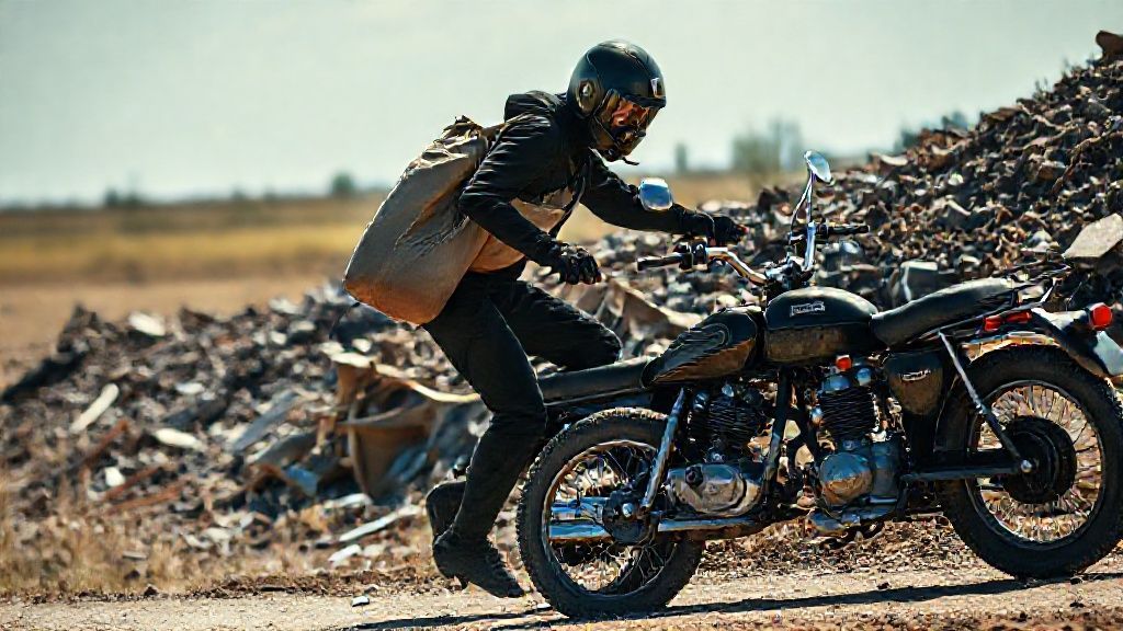 A man wearing a full-face helmet with an action camera is seen climbing onto construction waste and rubble dumped in an empty field, carrying a sack that isn't completely full, searching for scrap metal. The man is dressed in black and appears mysterious. A completely black Honda Super Cub motorcycle with a trailer attached is parked by the side of the dirt road. The footage is shot in daylight using vibrant cinematic lighting. The man has climbed onto the wreckage.