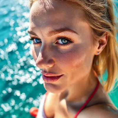 42-year-old Norwegian model, left: sunlight, sharp iris detail, subtle reflections, moist tear line, natural lashes, ultra-detailed face, natural skin pores, cheek shadows, high-resolution lash texture, realistic light on the bridge of the nose, tear lines, realistic shading, moist, full lips, soft, ultra-natural shine, light rose color, fair skin texture, pronounced lip folds, pronounced ultra-scleral veins, flirty, cute demeanor, broad shoulders, very small bust (rose skin), detail of the chest area, skimpy bikini and a bit of belly fat, fit hips and very sexy butt, red heels, beautiful woman posing, high-angle camera 8K Ultra-realistic (selfie) shot, realistic light reflections, sunny shadows, ultra-detailed anatomical face, body line and wrinkle detail. Blue ocean background, bright