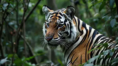 Let it be a zebra disguised as a tiger, a wild, fantastic, mystical animal with extremely realistic anatomical details, wild eyes and patterns, silently watching its surroundings from the depths of the forest.