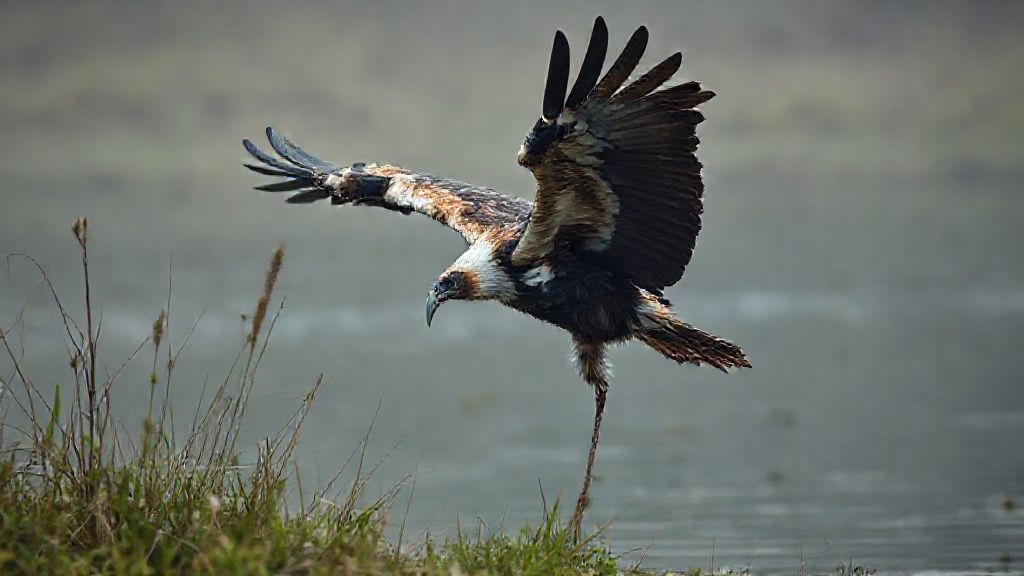Physically resembling an eagle, but with stork-like coloring and a bizarre appearance, this creature is a unique being; in documentary-quality footage, it looks almost like a mutated, evolved monster. Its extremely ferocious and detailed fur creates a striking image in its mystical setting, a rural swamp lake. Filmed remotely with a professional 35mm DSLR camera for 8K Ultra HD documentary filmmakers.