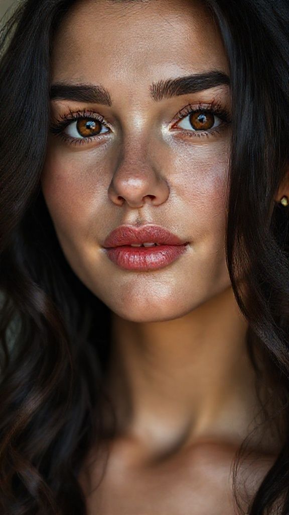 The facial anatomy of a cheerful and attractive woman in her 20's Turkish women Natural, 20% makeup-free, captivating, shy, innocent beauty. Natural facial structure, extremely realistic anatomical skin texture. Extremely detailed, focused facial structure with deeply detailed skin pores and wavy black hair. Fine, deep forehead lines and sharp details. Brown iris eyes. Extremely detailed, micro-focused lashes. Extremely detailed, micro-focused, ultra-detailed black eyebrows. Small, focused nose. Extremely detailed, natural cheekbones. Detailed lips. Extremely detailed, focused pink, juicy, wet lips. Small, elegant oval chin. Beautifully detailed facial features. Anatomically defined facial line detail. Ultra-detailed processing. Micro-detailed aging pore structure. Focused, detailed earrings. Realistic, vibrant, and ultra-realistic details. Unfiltered, extremely detailed 8K ULTRA HD image.