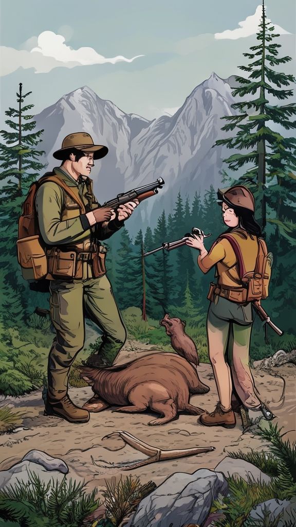 For example, the man in the picture is wearing hunting clothes, mountaineering boots, and a brown backpack, holding a shotgun on the side of a mountain surrounded by pine forests. Another hunter and two hunting dogs are with him. There's a dead wild boar on the ground, and the man in the picture and the other man are taking a selfie at a right angle. And next to them, a  Asian woman is showing them her buttocks.
