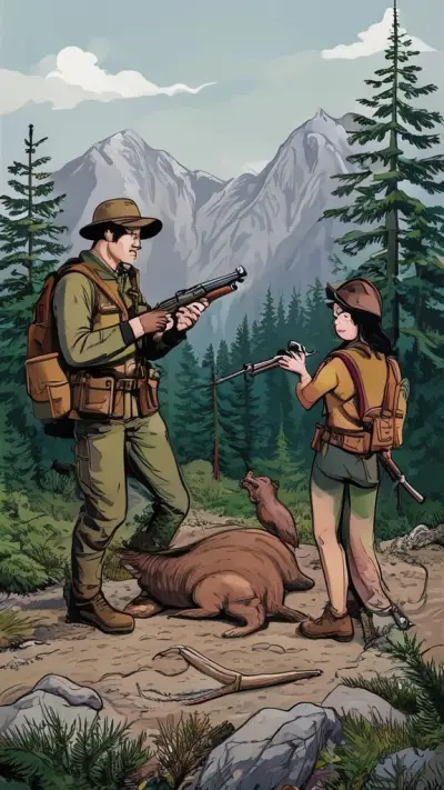 For example, the man in the picture is wearing hunting clothes, mountaineering boots, and a brown backpack, holding a shotgun on the side of a mountain surrounded by pine forests. Another hunter and two hunting dogs are with him. There's a dead wild boar on the ground, and the man in the picture and the other man are taking a selfie at a right angle. And next to them, a  Asian woman is showing them her buttocks.