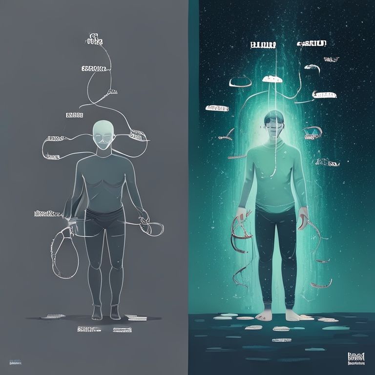 A minimalist and profound, metaphorical digital illustration. The visual should consist of two parts. Left side: A faint human silhouette with thin, invisible chains binding its hands and mind, against a grey and misty background. The chains are made of books, social masks, and clouds of fear. Right side: The chains from the left side are unraveling and dispersing like a 'unraveling sock', dissolved by a beam of green light. Where the chains dissolve, the same human silhouette now stands clearer, upright, and serene, with a subtle sprouting growth above its head. The background transitions to a deep navy blue on the right, with tiny, orderly star patterns. Style: Symbolic, serene, with a sense of depth, low saturation (right side slightly more colorful), in the vein of digital oil painting. Ultra-detailed, with strong chiaroscuro (light and shadow play)