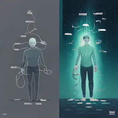 A minimalist and profound, metaphorical digital illustration. The visual should consist of two parts. Left side: A faint human silhouette with thin, invisible chains binding its hands and mind, against a grey and misty background. The chains are made of books, social masks, and clouds of fear. Right side: The chains from the left side are unraveling and dispersing like a 'unraveling sock', dissolved by a beam of green light. Where the chains dissolve, the same human silhouette now stands clearer, upright, and serene, with a subtle sprouting growth above its head. The background transitions to a deep navy blue on the right, with tiny, orderly star patterns. Style: Symbolic, serene, with a sense of depth, low saturation (right side slightly more colorful), in the vein of digital oil painting. Ultra-detailed, with strong chiaroscuro (light and shadow play)