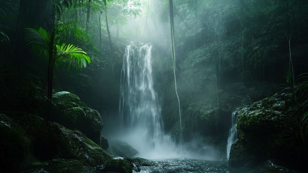 macro perspective, deep forest, misty waterfall bottoms
