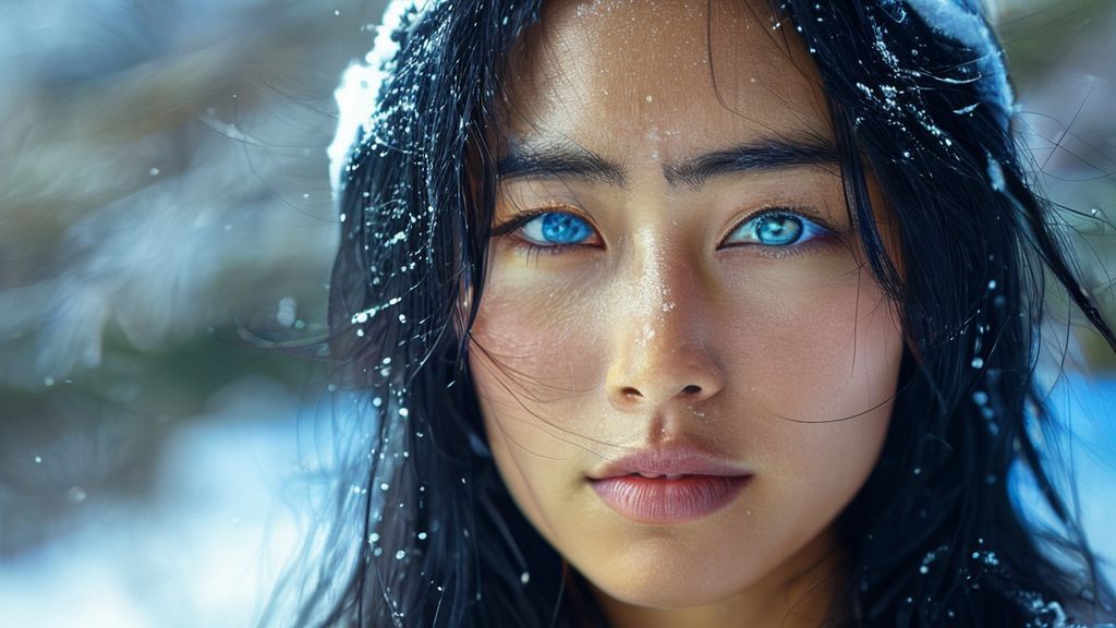 winter montain 30 years old hot vietnam women, small focus tits (extra big) black hair, Blue eyes iris, oil body, ultra HD extra detailed focus playboy model.