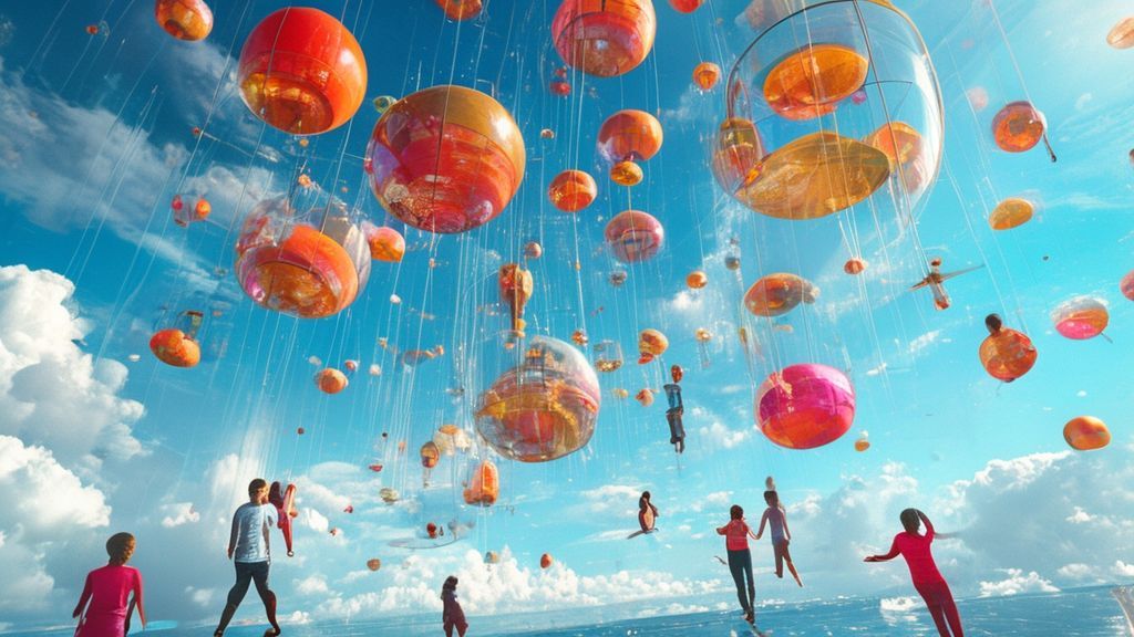 people in the glass balls floating in the air, imagination world