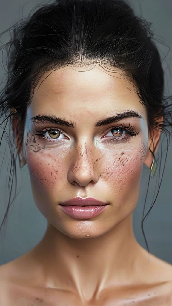 Cute and serious woman in her 40s, face and body, anatomy: Natural, real 100% makeup-free, attractive, horny, wild beauty. Natural facial structure, very realistic anatomical skin texture. Highly detailed facial structure with deeply detailed skin pores and wavy black hair. Precise, deep forehead lines and sharp details. Black iris eyes. Highly detailed, micro-focused eyelashes. Highly detailed, micro-focused, ultra-detailed black eyebrows. Small, focused nose. Highly detailed, natural cheekbones. Small, vague mouth. Detailed lip curves. Highly detailed, focused pink pastel wet lips. Small oval chin. Beautifully detailed facial features. Anatomically defined facial line detail. Micro-detailed facial hair. Micro-detailed aging pore structure. Ultra-detailed earrings. Slim fit woman. Neck and bikini area (detailed anatomical micro-textures (small breasts). Realistic color tones, photo with ultra-realistic details. Micro-detailed without the use of a screen filter (no face filter).