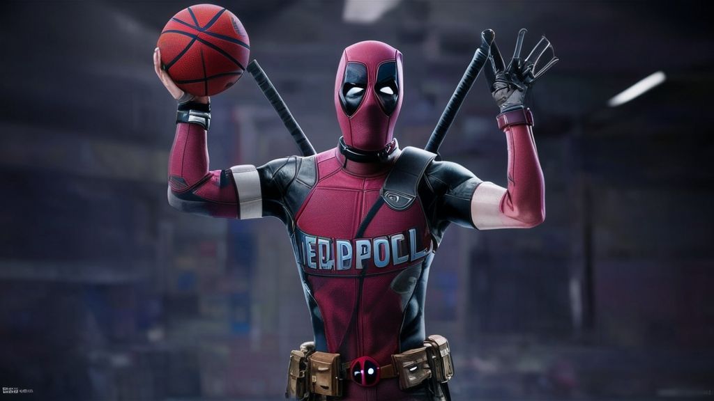 Deadpool character is dunking and her jersey has "Deadpool" and the number 3 on it, in a realistic 3D style.style, basketball hoop from across the way