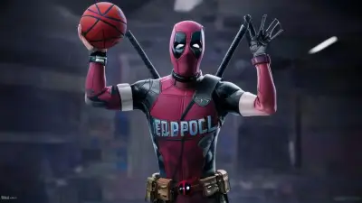 Deadpool character is dunking and her jersey has "Deadpool" and the number 3 on it, in a realistic 3D style.style, basketball hoop from across the way