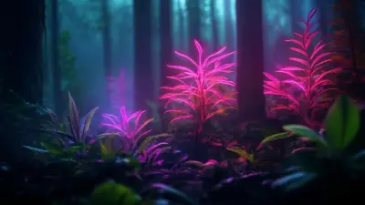 macro perspective, deep forest, misty distances, neon plants