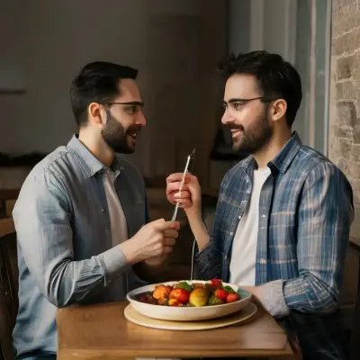 İki kişi karşılıklı bir kız bir erkek kahvaltı yaparken biri diğeri ne çatalla zeytin uzatırken