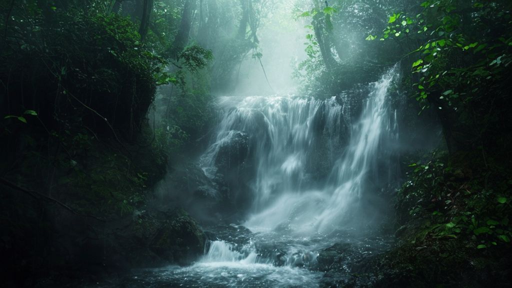macro perspective, deep forest, misty waterfall bottoms