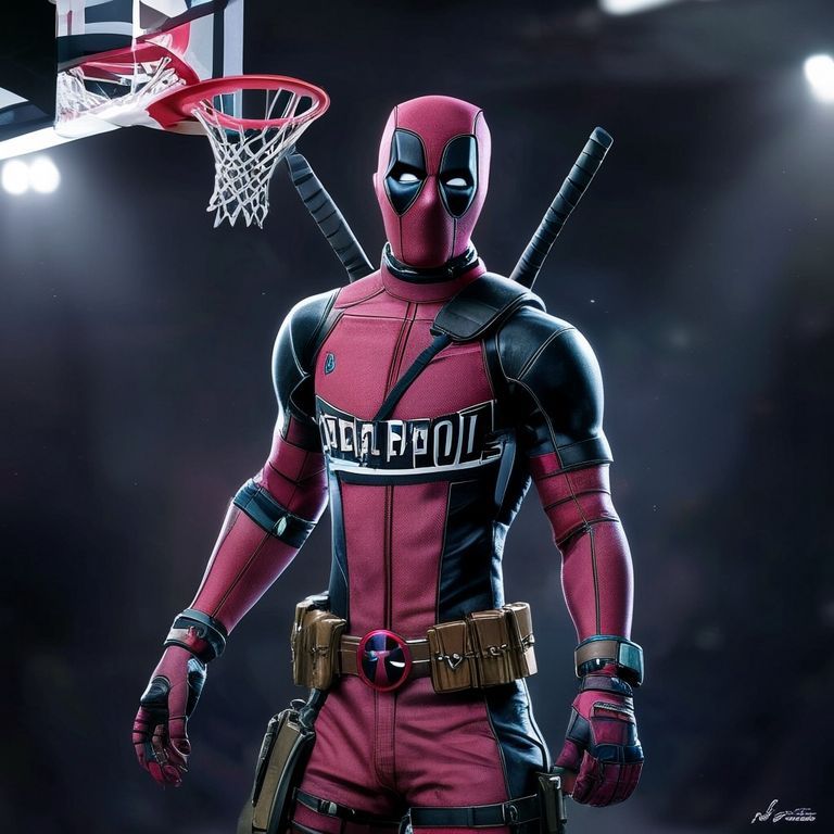 Deadpool character is dunking and her jersey has "Deadpool" and the number 3 on it, in a realistic 3D style.style, basketball hoop from across the way