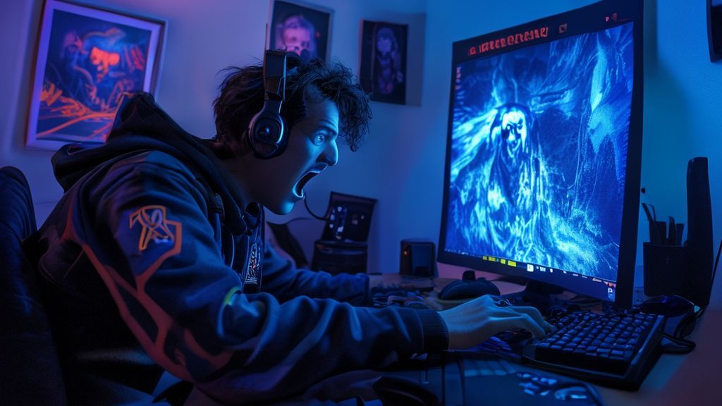 a man in scream movie costume playing fortnite with computer, left hand on keyboard right hand is on mouse, 3d style, there is only one monitor, it is a teenage boy room, there is a doom slayer poster on back wall, no confetti, blue lights in the room