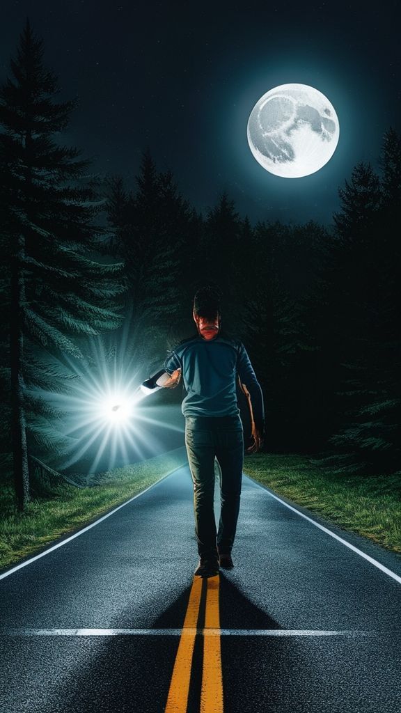 For example, draw a picture of a man illuminating his path with a powerful flashlight, his silhouette barely discernible in the moonlight, but his face barely visible in the pitch darkness. The man is walking along an asphalt road surrounded by pine trees; the drawing should be of very high quality, with vibrant colors and textures.