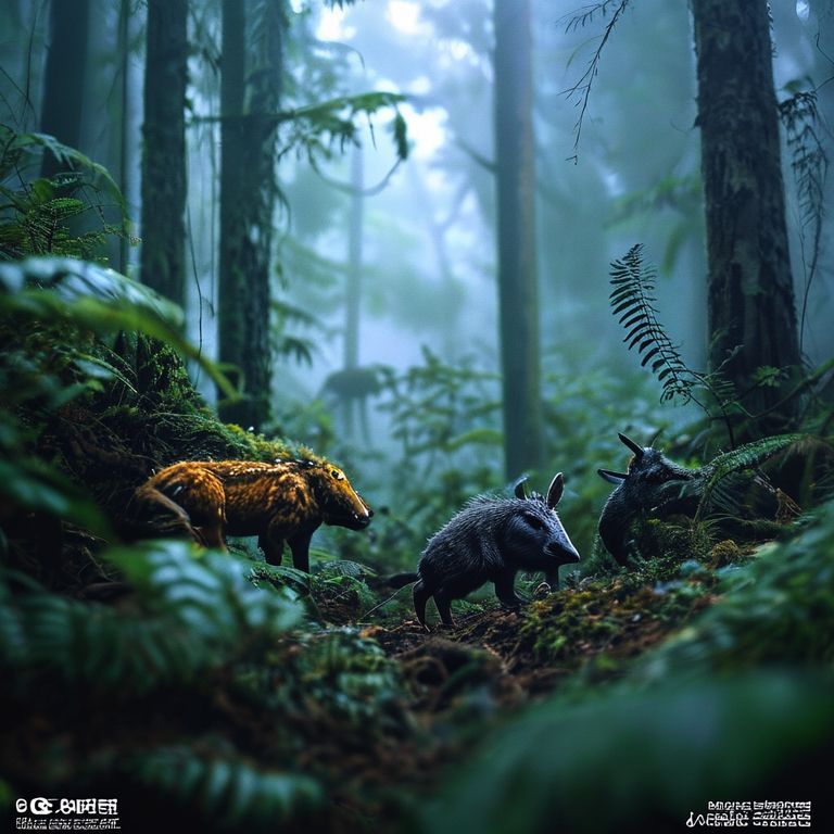 macro perspective, deep forest, macro animals, misty distances