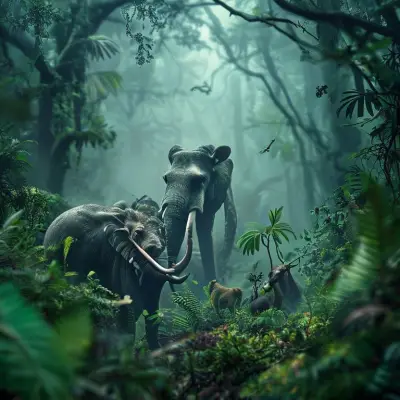 macro perspective, deep forest, various animals, misty distance