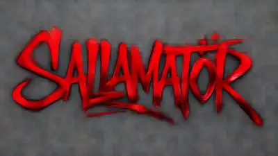 A stylized graffiti text design spelling "SALLAMATÖR" in bold red brushstroke lettering against a pure black background. The text is rendered in a dynamic, flowing style with sharp angular curves and sweeping lines. The red brushstrokes have a metallic sheen and gradient effect, transitioning from bright crimson to deep burgundy. The letters are connected in a continuous flow, with each character blending into the next through overlapping strokes. The brushstrokes show texture and movement, creating a sense of motion and energy. The text is centered in the frame and takes up approximately two-thirds of the image height. The black background is completely solid and provides high contrast with the vibrant red text. The overall composition has a modern, urban aesthetic with a professional, high-quality finish.