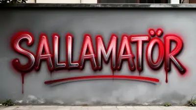 Siyah bir arka plan üzerinde kalın kırmızı fırça darbeleriyle yazılmış "SALLAMATÖR" yazısı, stilize edilmiş bir graffiti metin tasarımıdır. Yazı, keskin açılı kıvrımlar ve akıcı çizgilerle dinamik ve akıcı bir tarzda işlenmiştir. Kırmızı fırça darbeleri metalik bir parlaklığa ve parlak kırmızıdan koyu bordo rengine geçiş yapan bir gradyan efektine sahiptir. Harfler sürekli bir akış halinde birbirine bağlanmış olup, her karakter üst üste binen fırça darbeleriyle bir sonrakine karışmaktadır. Fırça darbeleri doku ve hareket göstererek bir hareket ve enerji hissi yaratmaktadır. Yazı çerçevenin ortasında yer almakta ve görüntünün yüksekliğinin yaklaşık üçte ikisini kaplamaktadır. Siyah arka plan tamamen düzdür ve canlı kırmızı yazıyla yüksek kontrast sağlamaktadır. Genel kompozisyon, profesyonel ve yüksek kaliteli bir bitişle modern, kentsel bir estetiğe sahiptir.